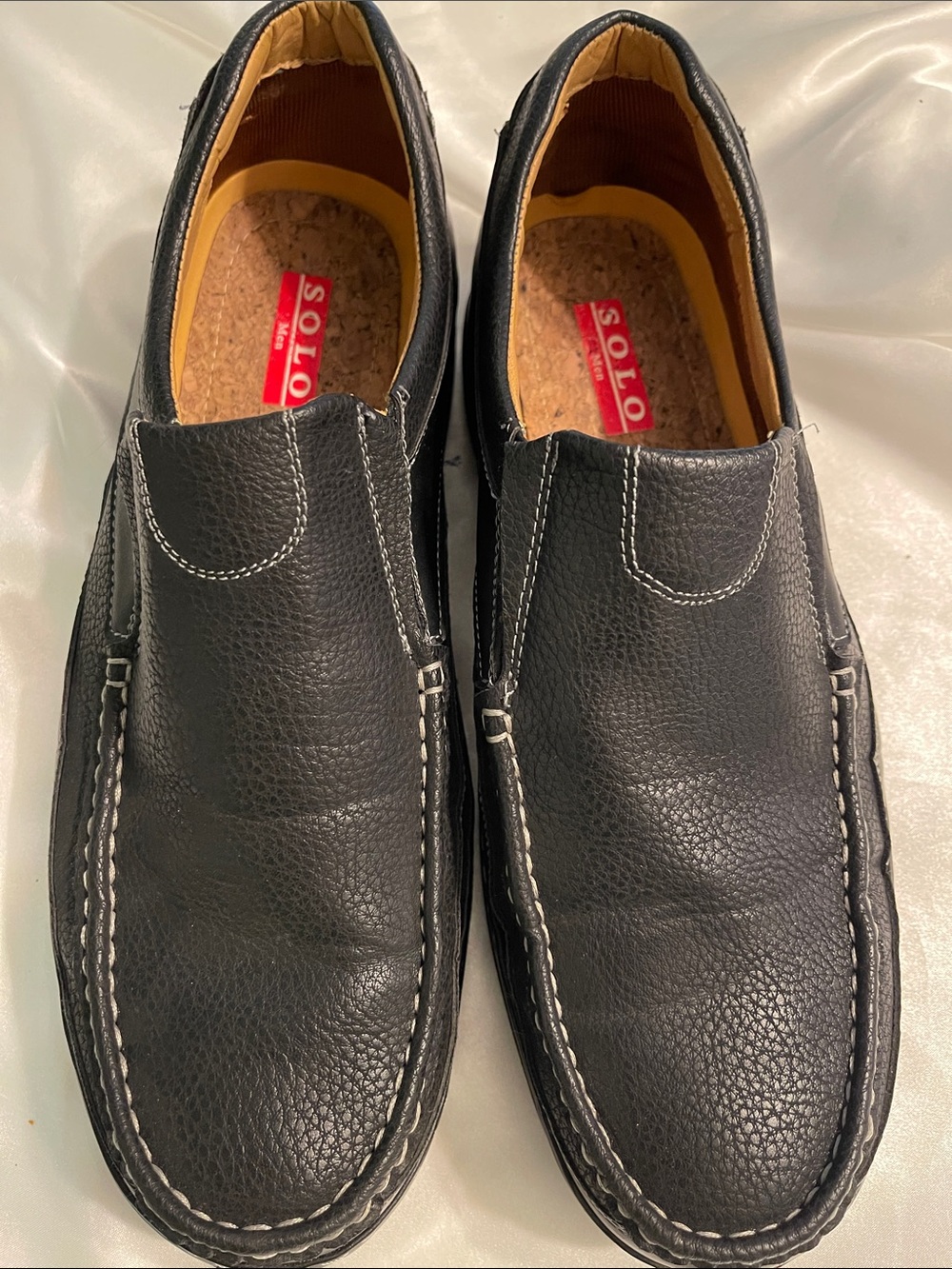 solo Black Leather Slip-On Loafers with White Contrast Stitching